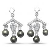 Black Pearl & White Topaz Chandelier Earrings