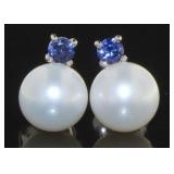 Beautiful Pearl & Sapphire Stud Earrings