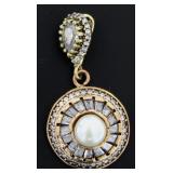 Rose Toned Pearl & White Topaz Baguette Pendant