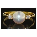 18kt Gold Natural 7.4 mm Pearl & Diamond Ring