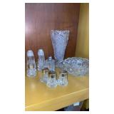 Crystal Vase, Bowl with Handles & 3 Sets Salt &