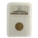 RARE 1874 Indian Princess $3.00 Gold Coin