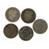 Collection (5) Barber Silver Dimes