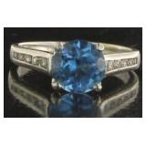 Solid Platinum Blue Topaz & Diamond Ring