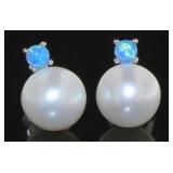 Beautiful Pearl & Blue Opal Stud Earrings