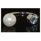 Genuine Freshwater Pearl & Blue Topaz Ring