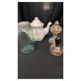 Antique Blue Jar  with Bubbles & (2) Oil Lamps