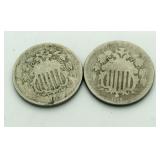 1867, 1869 Shield Nickels
