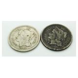 (2) 1865 & 1866 3 Cent Nickels