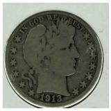1913-S Barber Silver Half Dollar