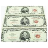 (3) Crisp Red Seal $5 Bank Notes