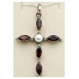 Garnet & Pearl Cross Pendant