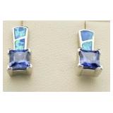 Princess Cut Tanzanite & Blue Opal Earrings