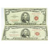 (2) 1963 Red Seal $5 Bank Notes