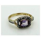 Emerald Cut Genuine Amethyst & Diamond Ring