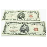 (2) 1963 Red Seal $5 Bank Notes