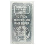 Golden State Mint .999 Pure Silver 10 Ounce Bar