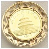 1991 China Panda Gold Coin w  14kt Gold Bezel