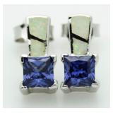 Princess Cut Tanzanite & Opal Designer Earrings