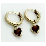 10kt Gold Garnet Heart Hoop Earrings