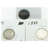 (3) 1871, 1883 & 1891 Seated Liberty Silver Dimes