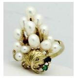 14kt Gold Pearl & Emerald Estate Ring