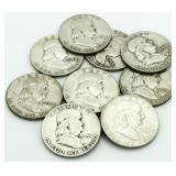 (10) Franklin Silver Half Dollars