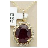 14kt Gold Oval 6.94 ct Ruby & Diamond Pendant