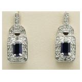 10kt Gold Emearld Cut Sapphire & Diamond Earrings