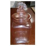 Pink glass rooster head storage jar