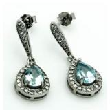 Pear Cut 2.21 ct Gen. Blue Topaz & Diam. Earrings