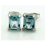 Emerald Cut Genuine Blue Topaz Earrings