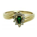 14kt Gold Pear Cut Genuine Emerald & Diamond Ring