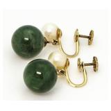 14kt Gold Antique Natural Pearl & Jade Earrings