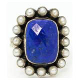 Genuine Blue Lapis & Pearl Estate Ring