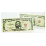 (2) 1953.A & 1953.B Red Seal $5 Bank Notes