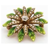 10kt Gold Antique Diamond & Pearl Brooch
