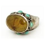 Vintage Yellow Agate & Turquoise Estate Ring