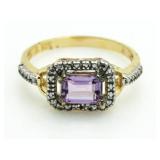 Emerald Cut Genuine Amethyst & Diamond Ring