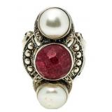Vintage Red Quartz & Pearl Estate Ring