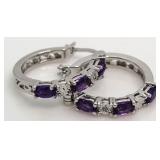 Genuine Amethyst & Diamond Hoop Earrings