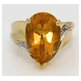 10kt Gold Fancy Pear Gen.Citrine & Diamond Ring