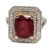14kt Gold Cushion 6.57 ct Ruby & Diamond Ring
