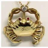 14kt Gold Ruby-Diamond Large Crab Pendant-Brooch