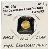 2016 Canadian Mint 1 Gram Gold Maple Leaf