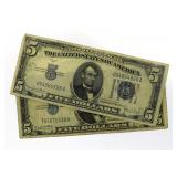 (2) 1934.D Blue Seal $5 Bank Note