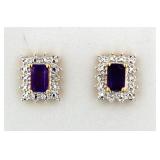 Emerald Cut Genuine Amethyst & Diamond Earrings