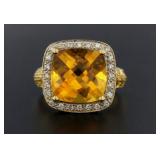 14kt Gold Genuine 6.31 ct Citrine & Diamond Ring