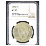 1924 MS62 Peace Silver Dollar