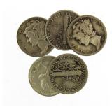 (5) Better Date Mercury Silver Dimes